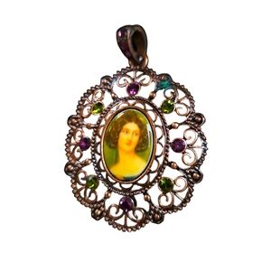 Antique Bronze Painted Cameo Pendant With Gold and Purple Gemstones